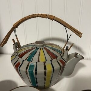 5 Pcs Japanese Dobin Mushi Soup Teapot Made in Japan Tokusa Style Pottery Stripe